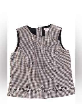Talbots Black and White Gingham Sleeveless Top with Floral Stitch 💯 cotton
